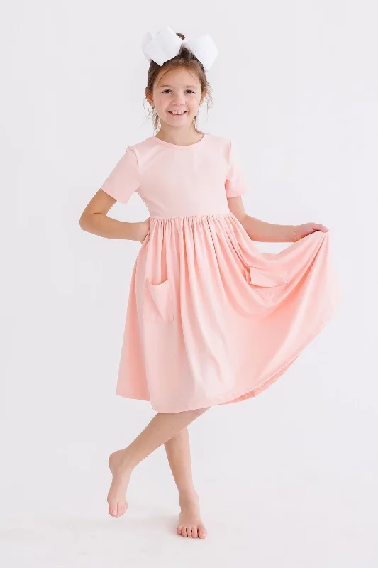 Women's Elegant Formal Outfit Peach S/S Pocket Twirl Dress