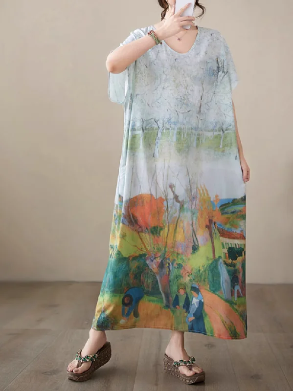 Women's Fashion Essentials Women's Summer Beach Wear Oil Painting Printing Kaftan Dress