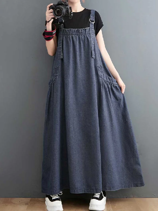 Flash Sales Today Plain Denim Salopette Overall A-Line Dress