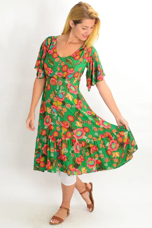 Relaxed Style Green Floaty Flower Flutter Sleeve Tunic Dress