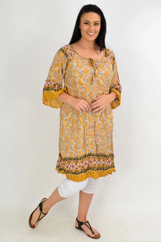 Women's Street Style Casual Wear Oriental Mustard Crinkle Tie Tunic Dress