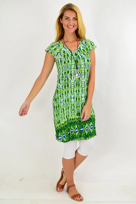 Timeless Women's Fashion Styles Green Pattern Short Sleeve Tunic Dress