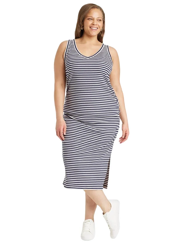 Women's Effortless Casual Outfit Women's Side Ruched Striped Dress,Navy/White