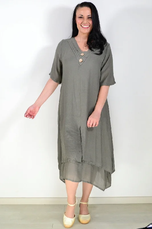 Women's Clothing Sale Online Khaki Green Summer Tunic Dress