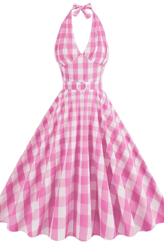 Clothes Of Woman Deep V Neck Pink Plaid Gingham Swing Dress with Belt