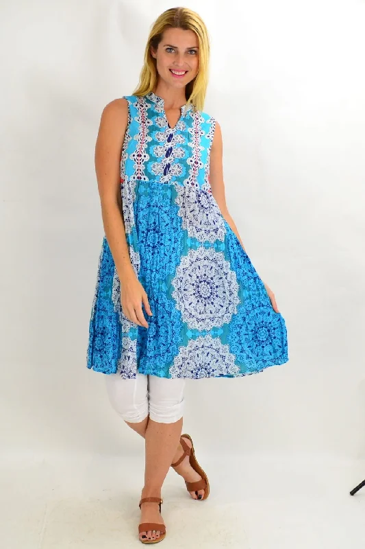 Women's Fashionable Clothing Sets Blue Mandala Chinese Collar Tunic Dress