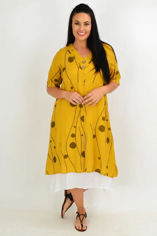 Casual Women's Clothing Mustard Line Dot Overlay Tunic Dress