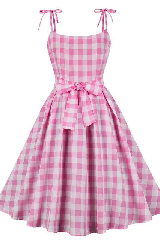 Affordable Online Boutique Bow Straps Pink Plaid Gingham Swing Dress