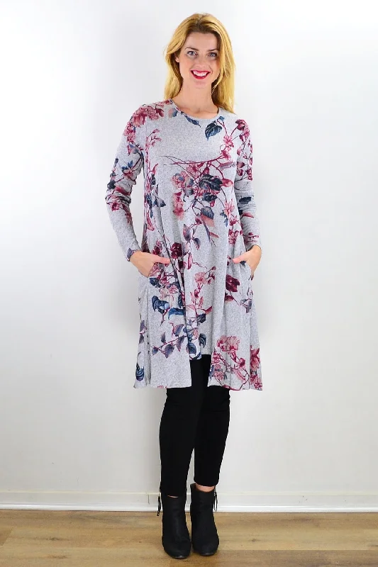 Bold Prints Casual Chic Soft Pinky Autumn Leaf Fleece Tunic Dress