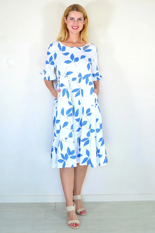 Eclectic Fashion Blue Leaf Print Shift Tunic Dress