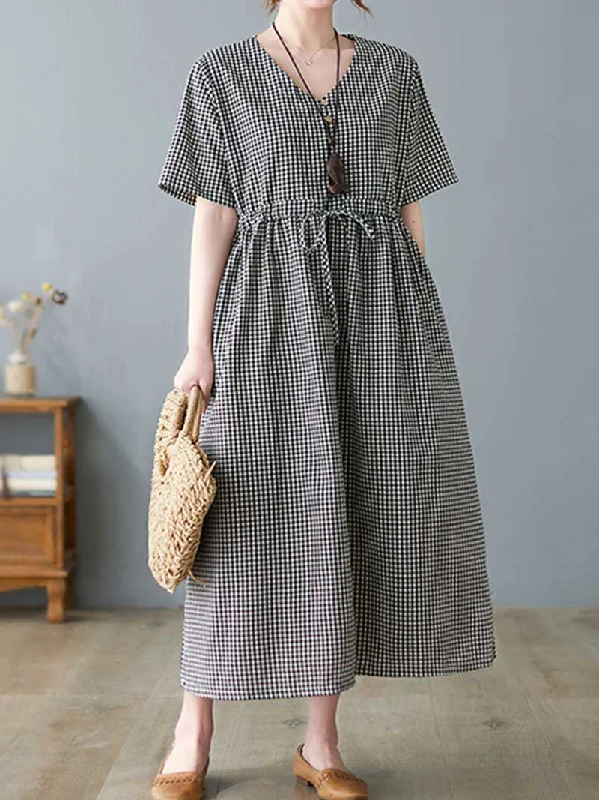 Fashionable Casual Tops Hey Woman Small Plaid Cotton Smock Dress