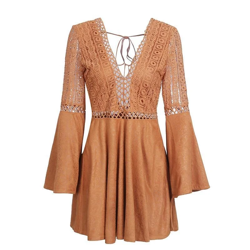 Relaxed Style Sexy Lace Up V Neck Suede Lace Summer Dress