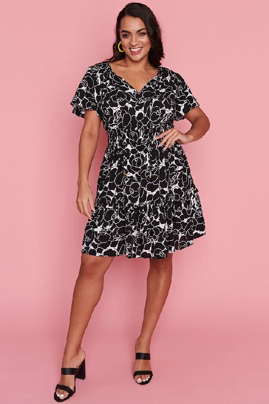 Unique Women's Fashion Pieces Kimberley Peonies Black & White Dress