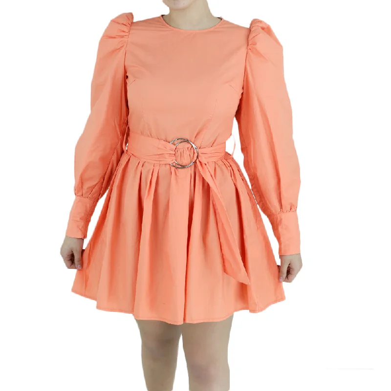 Women's Party Clothes Women's Puff Sleeve Belted Dress,Coral