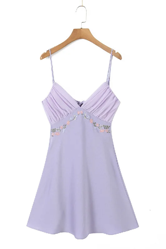 Timeless Women's Garments Lavender Embroidery Short Dress with Back Bow