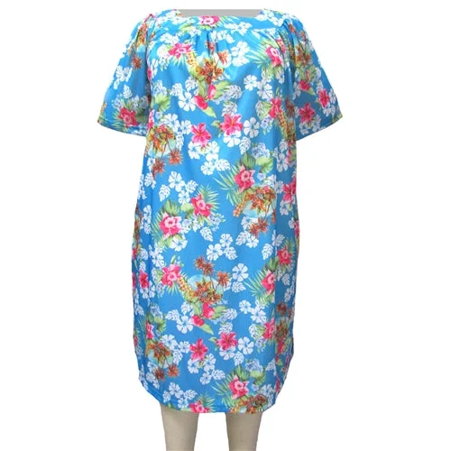 Affordable Online Boutique Blue Tropical Square Neck Lounging Dress Women's Plus Size Dress