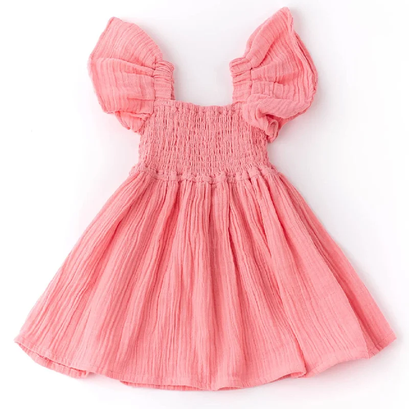 Trendy Street Style Coral Gauze Smocked Flutter Sleeve Dress