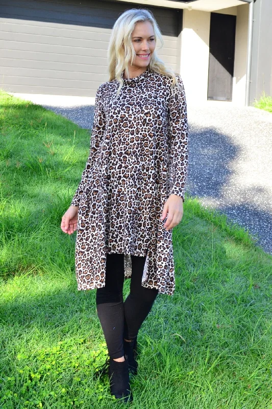 Fashion Women's Clothing Leopard Print High Neck Fleece Tunic Dress