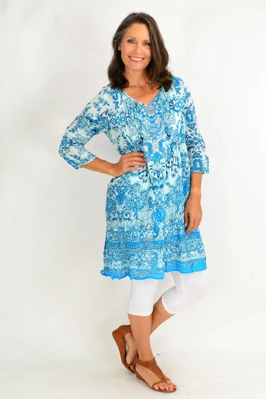 Women's Date Night Outfit Sky Blue Victorian Print Tunic Dress