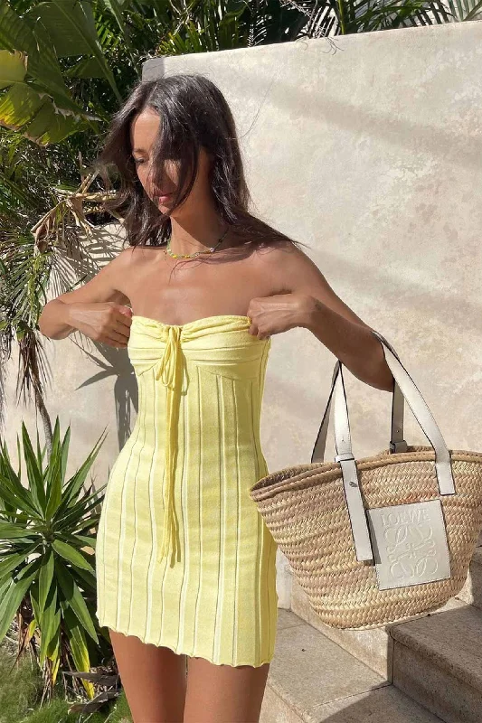 Women's Casual Wear Clothing Yellow Strapless Lace Up Knitted Dress