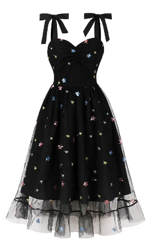 Women's Chic Outfit Black Mesh Short Dress with Sequin Stars