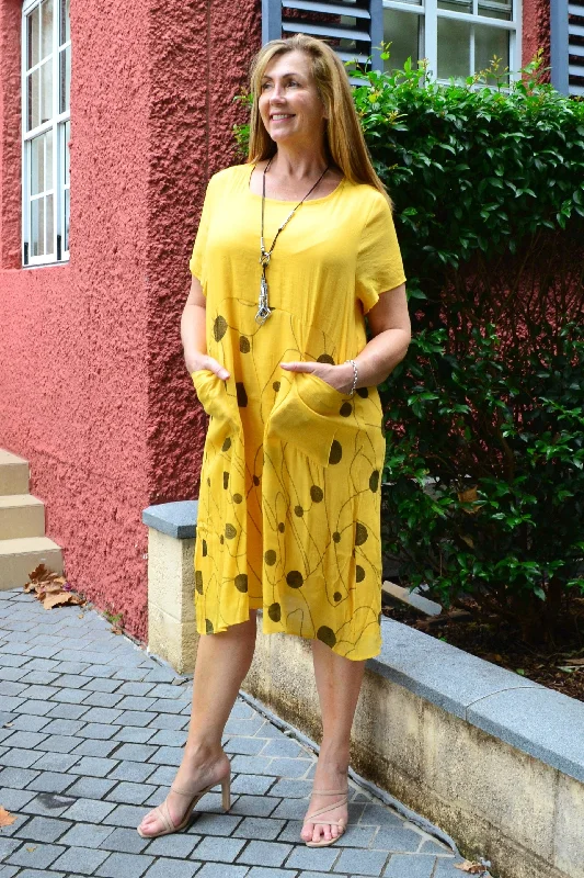 Vintage Women's Fashion Dotty Yellow Pocket Dress Tunic