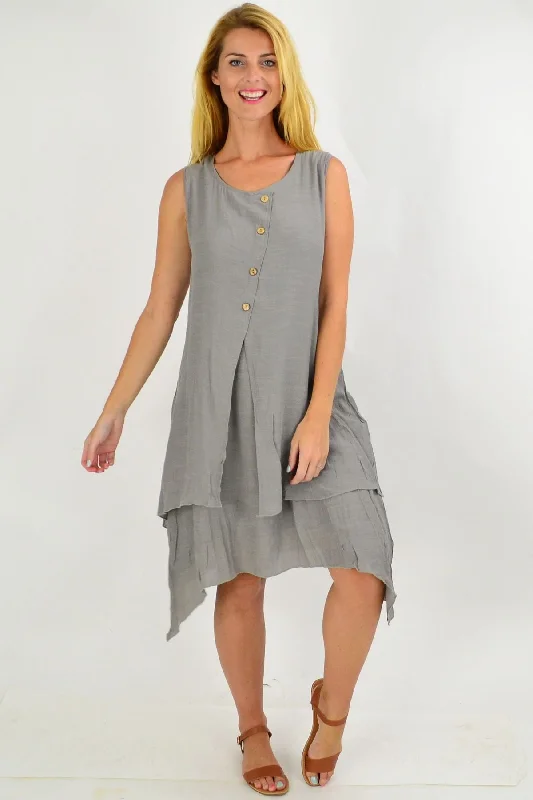 Women's Formal Event Outfit Grey Button Overlay Summer Tunic Dress