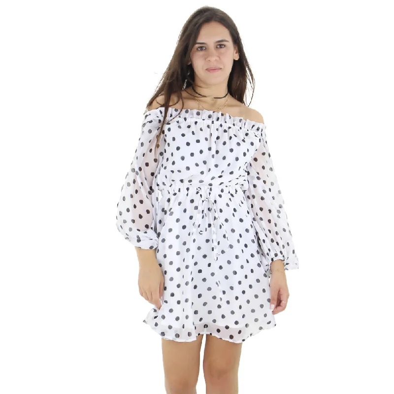 Women's Clothing For Outdoor Events Women's Elastic Waist Polka Dots Dress,White