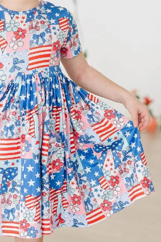 Trendy Women's Dresses Online Patriotic Patchwork S/S Pocket Twirl Dress