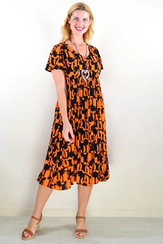 Classic Women's Fashion Orange Black Print Tunic Dress