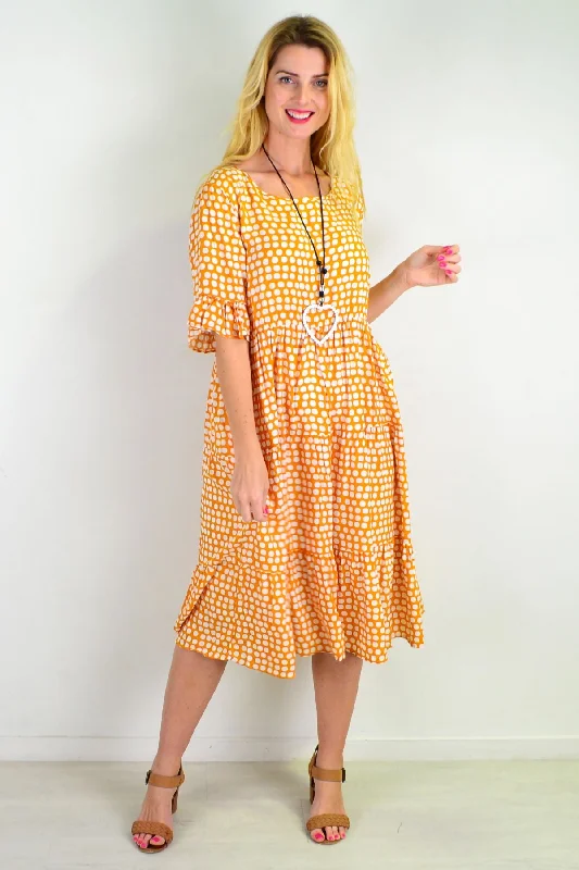 Stylish Women's Clothes for Work and Play Mustard White Polka Dot Tiered Tunic Dress