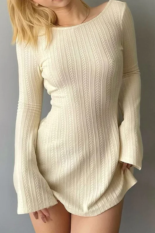 Premium Style Long Flares Sleeve Backless Cable Knit Dress