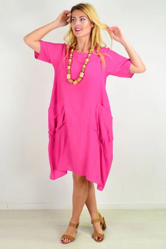 Comfortable Women's Clothing Pink Pocket Bubble Tunic Dress