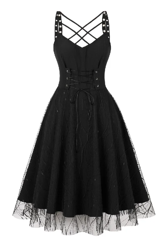 Elegant Women's Fashion Lace-Up Black Witch Dress for Halloween