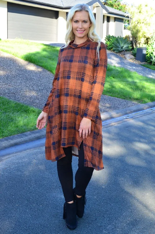 Women Clothing Brown Check High Neck Fleece Tunic Dress