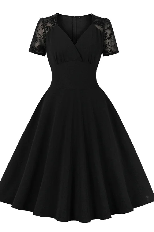 Women's Clothing Short Sleeves Black Swing Dress