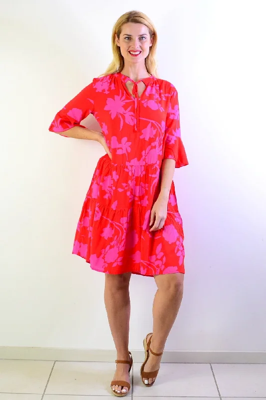 Women's Party Outfit Pink Maple Leaf Tiered Dress Tunic