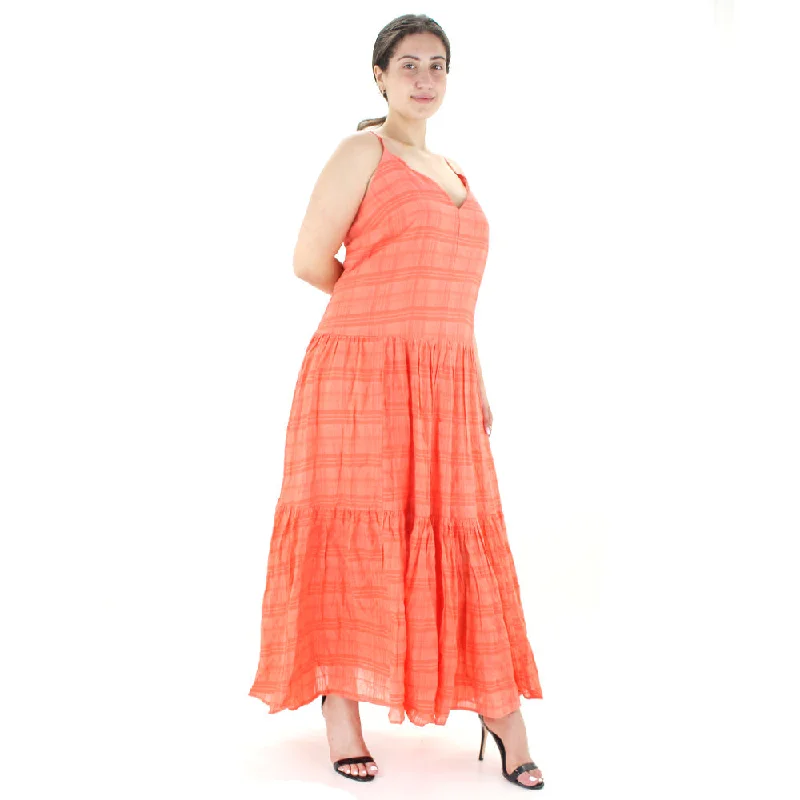 Vibrant Femme Fashion Women's Plaid Ruffle V-Neck Dress,Orange