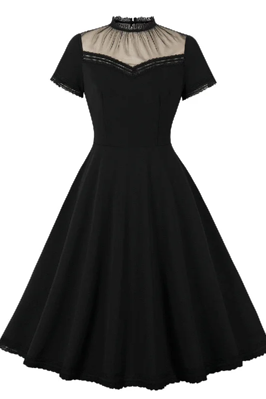 Trendy Online Boutiques Sheer High Neck Black Swing Dress with Short Sleeves