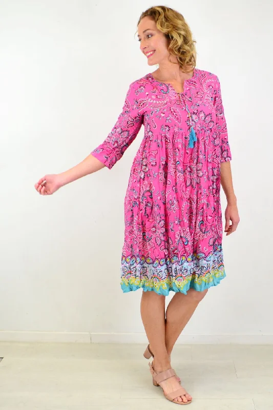 Women's Office Clothing Pink Paisley Tie Neck Tunic Dress