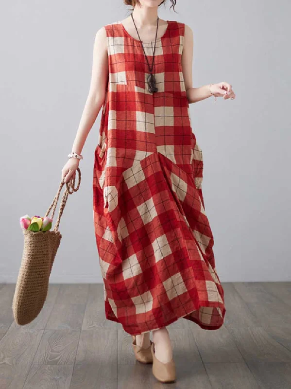 Women's Date Night Outfit H-line Loose Retro Style Plaid Print Cotton Dress