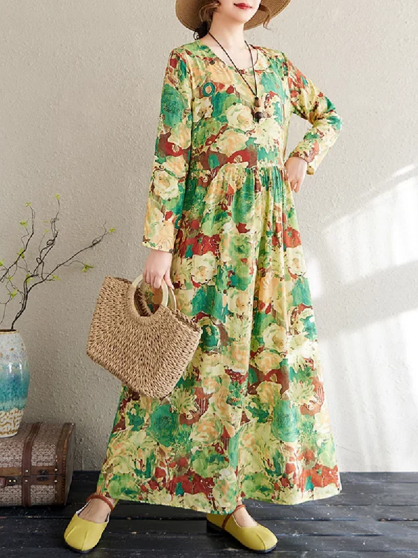 Women's Clothes For Work Women's Spring Loose Green Flower Printed Smock dress