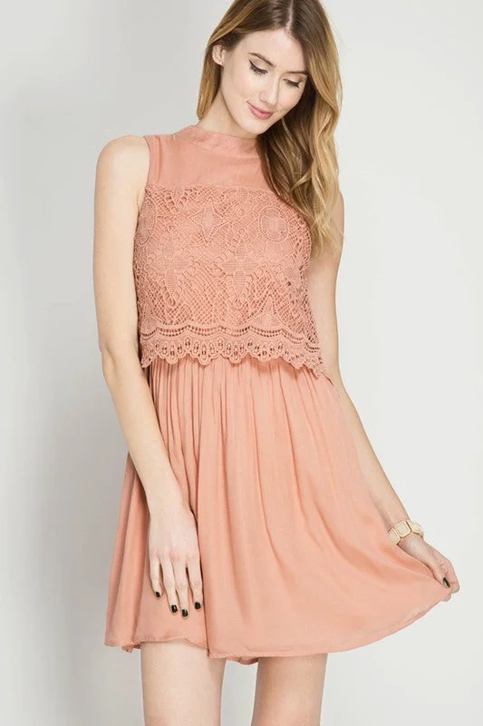 Comfortable Outfit For Women Layered Dress W/ Lace Contrast