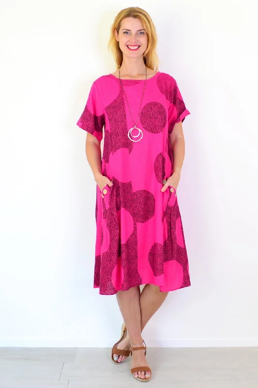 Sale On Clothing Hot Pink Black Circle Cotton Linen Tunic Dress