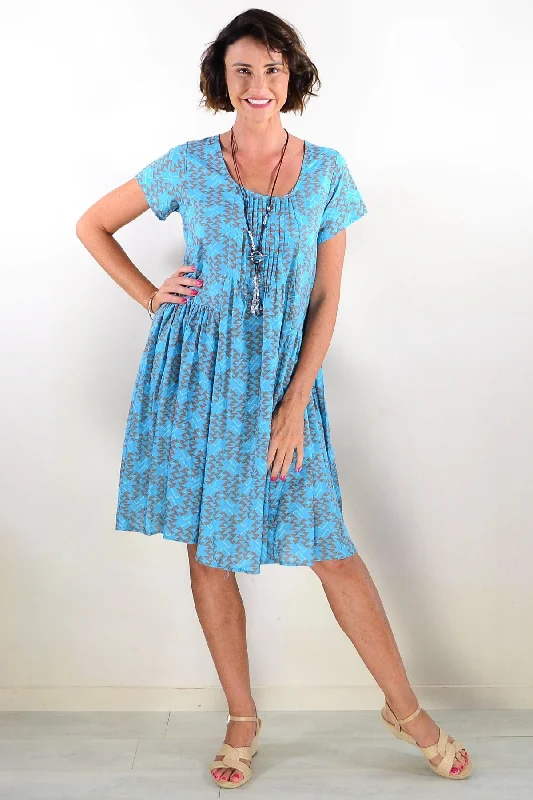 Relaxed Style Aqua Triangles Pintuck Pleats Tunic Dress