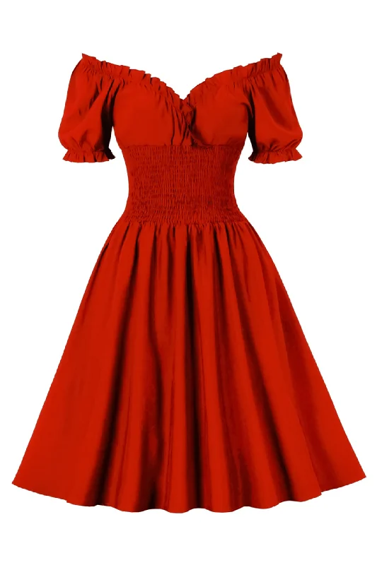 Casual Fashion for Women Red Smoked Wasit Off the Shoulder Dress