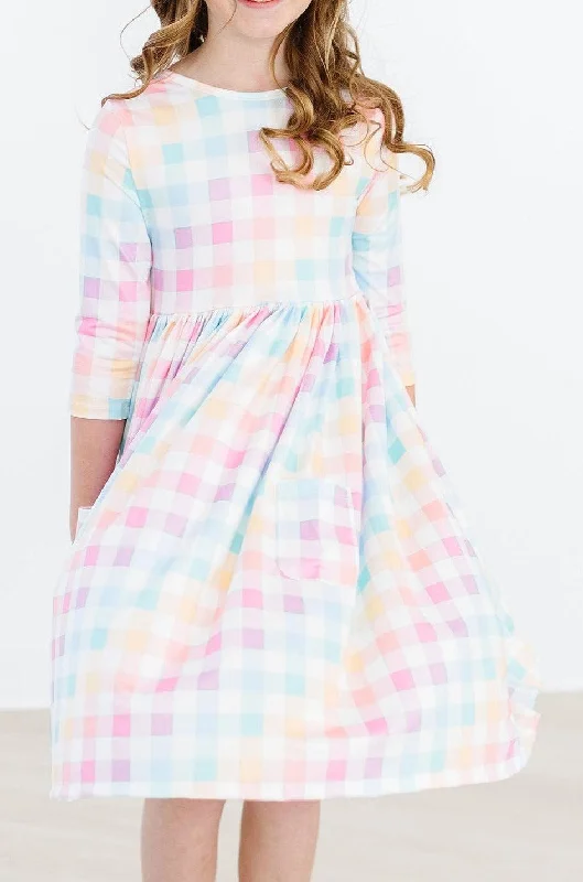 Women's Evening Garments Pastel Plaid 3/4 Sleeve Pocket Twirl Dress