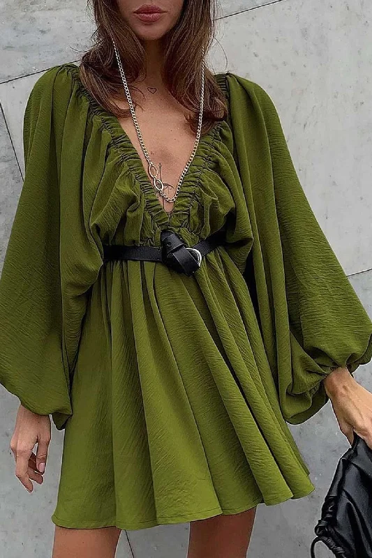 Summer Sale V Neck Puff Sleeve Ruched Dress