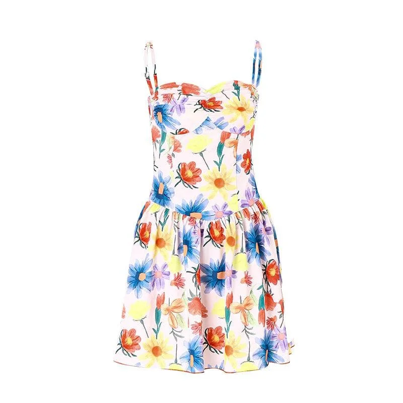 Boho Chic Fashion Flower contrast print backless ruched sweetheart neck cami dress - Final Sale