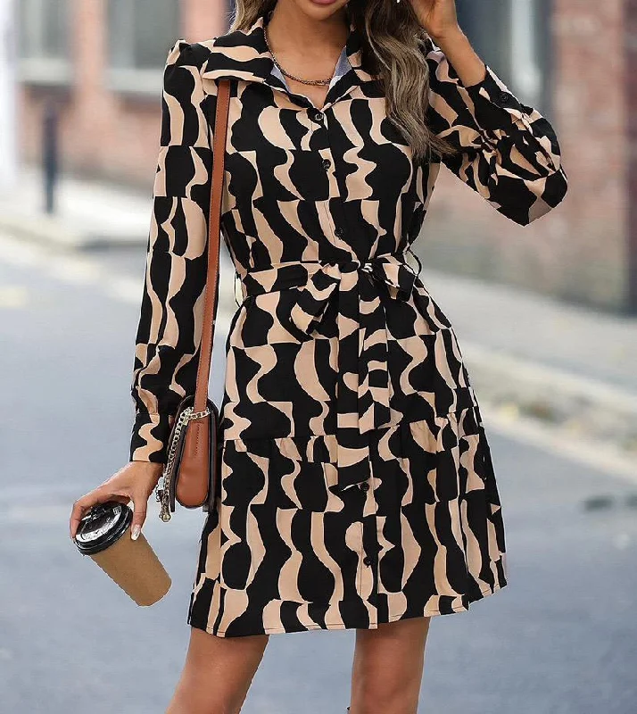 Modern Women's Outfit Georgia Black and Camel Geo Print Button Dress